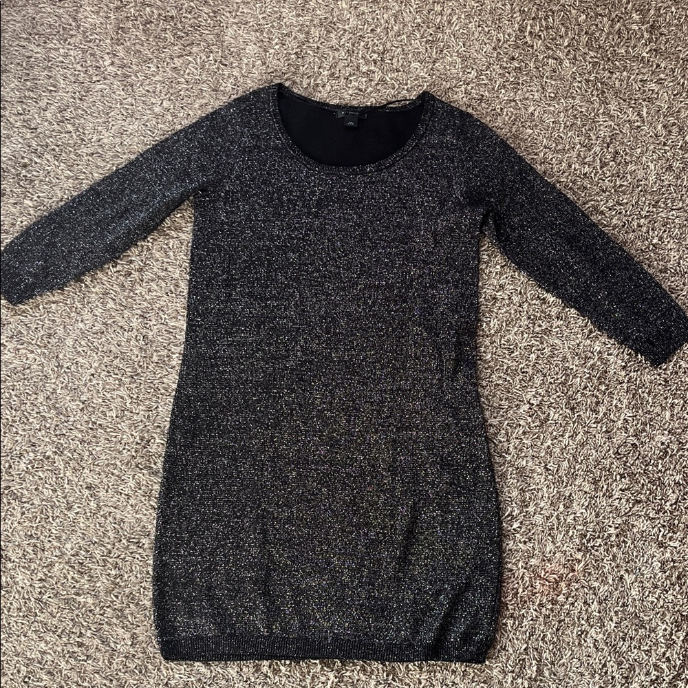 Chic Black Glitter Long Sleeve Dress Crew Neck Fitted Short Formal Size Small